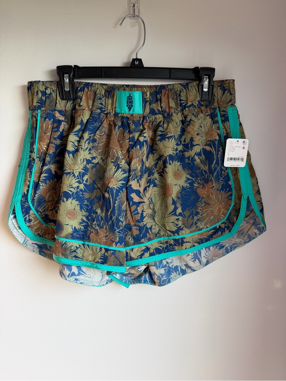 Free People Blue and Teal Floral Jacquard Athletic Shorts